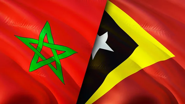 摩洛哥和东帝汶的国旗 3D波浪旗帜设计 摩洛哥东帝汶国旗 摩洛哥对东帝汶的图像 3D渲染 摩洛哥东帝汶关系联盟 — 图库照片