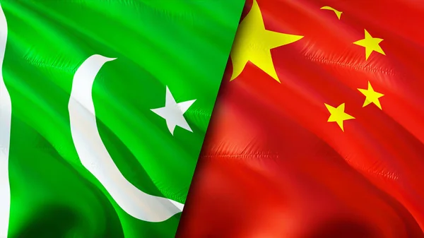 Pakistan and China flags. 3D Waving flag design. Pakistan China flag, picture, wallpaper. Pakistan vs China image,3D rendering. Pakistan China relations alliance and Trade,travel,tourism concep