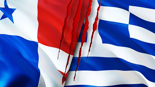 Banderas Panamá Grecia Con Concepto Cicatriz Bandera Ondeante Representación Concepto —  Fotos de Stock