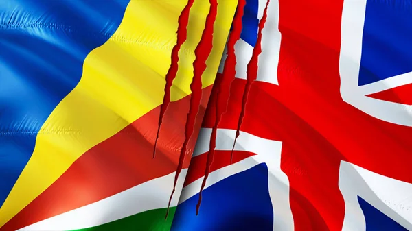 Seychelles and United Kingdom flags with scar concept. Waving flag,3D rendering. Seychelles and United Kingdom conflict concept. Seychelles United Kingdom relations concept. flag of Seychelles an