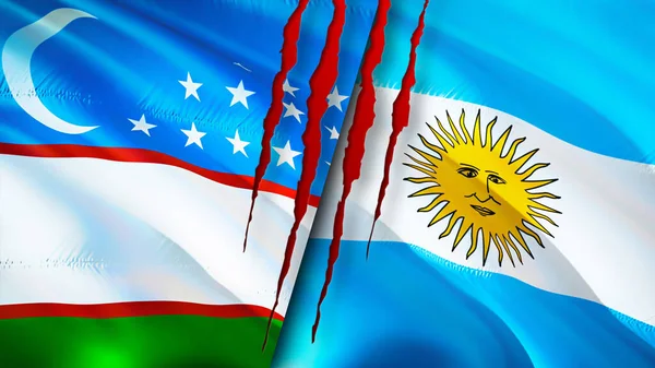 Uzbekistan and Argentina flags with scar concept. Waving flag,3D rendering. Uzbekistan and Argentina conflict concept. Uzbekistan Argentina relations concept. flag of Uzbekistan and Argentin