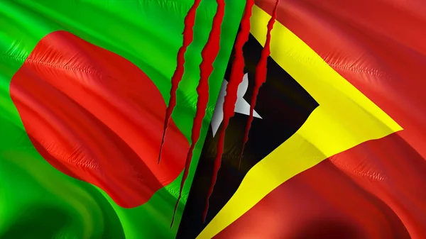 Yara Izi Olan Bangladeş Doğu Timor Bayrakları Dalgalanan Bayrak Boyutlu — Stok fotoğraf