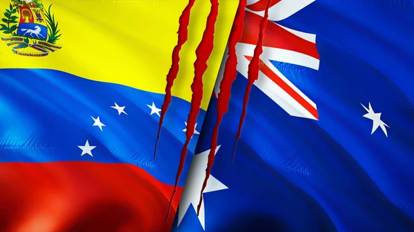 Venezuela and Australia flags with scar concept. Waving flag,3D rendering. Venezuela and Australia conflict concept. Venezuela Australia relations concept. flag of Venezuela and Australi