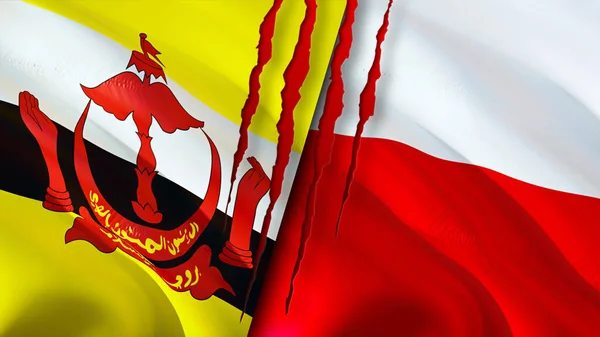 Brunei and Poland flags with scar concept. Waving flag,3D rendering. Brunei and Poland conflict concept. Brunei Poland relations concept. flag of Brunei and Poland crisis,war, attack concep