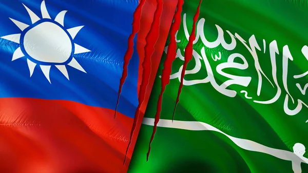 Taiwan and Saudi Arabia flags with scar concept. Waving flag,3D rendering. Taiwan and Saudi Arabia conflict concept. Taiwan Saudi Arabia relations concept. flag of Taiwan and Saudi Arabi