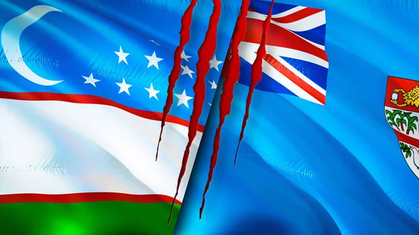乌兹别克斯坦和斐济的国旗带有伤疤概念 飘扬的旗帜 3D渲染 乌兹别克斯坦和斐济冲突概念 乌兹别克斯坦斐济关系概念 乌兹别克斯坦和斐济国旗危机 — 图库照片