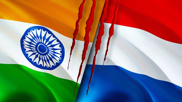 India and Netherlands flags with scar concept. Waving flag,3D rendering. India and Netherlands conflict concept. India Netherlands relations concept. flag of India and Netherlands crisis,war, attac