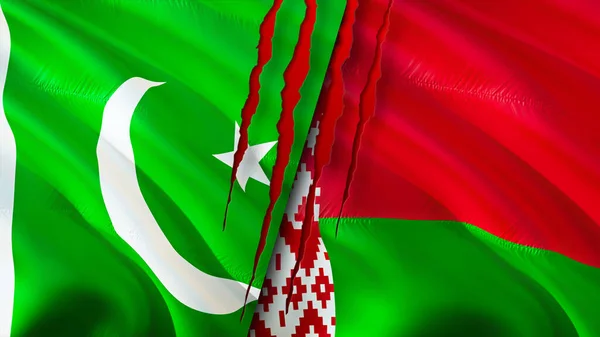 Pakistan and Belarus flags with scar concept. Waving flag,3D rendering. Pakistan and Belarus conflict concept. Pakistan Belarus relations concept. flag of Pakistan and Belarus crisis,war, attac