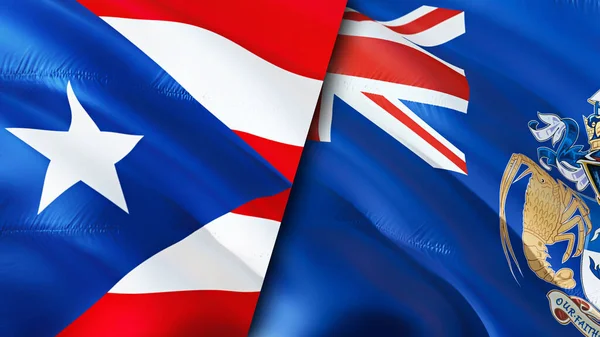 波多黎各和特里斯坦 达库尼亚的国旗 3D波浪旗帜设计 波多黎各特里斯坦 达库尼亚旗 波多黎各对特里斯坦 达库尼亚图像 3D渲染 波多黎各Tristan Cunh — 图库照片