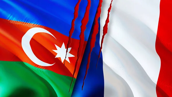 Azerbaijan and France flags with scar concept. Waving flag,3D rendering. Azerbaijan and France conflict concept. Azerbaijan France relations concept. flag of Azerbaijan and France crisis,war, attac