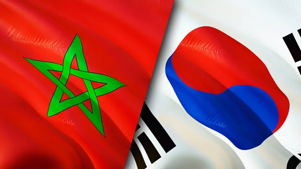 Morocco and South Korea flags. 3D Waving flag design. Morocco South Korea flag, picture, wallpaper. Morocco vs South Korea image,3D rendering. Morocco South Korea relations alliance an