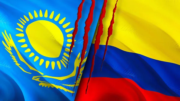 Kazakhstan and Colombia flags with scar concept. Waving flag,3D rendering. Kazakhstan and Colombia conflict concept. Kazakhstan Colombia relations concept. flag of Kazakhstan and Colombi