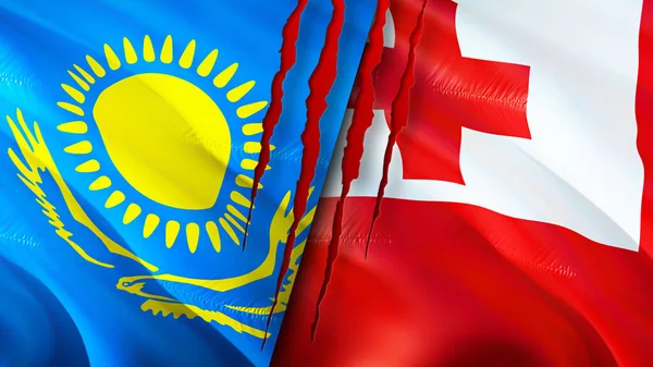 Yara izi olan Kazakistan ve Tonga bayrakları. Dalgalanan bayrak, 3 boyutlu görüntüleme. Kazakistan ve Tonga çatışma konsepti. Kazakistan Tonga ilişkileri kavramı. Kazakistan bayrağı ve Tonga krizi, savaş, attac