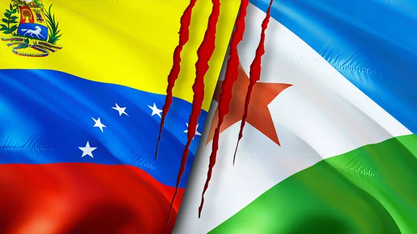 Venezuela and Djibouti flags with scar concept. Waving flag,3D rendering. Venezuela and Djibouti conflict concept. Venezuela Djibouti relations concept. flag of Venezuela and Djibouti crisis,war