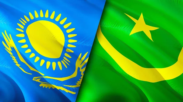 Kazakhstan and Mauritania flags. 3D Waving flag design. Kazakhstan Mauritania flag, picture, wallpaper. Kazakhstan vs Mauritania image,3D rendering. Kazakhstan Mauritania relations alliance an