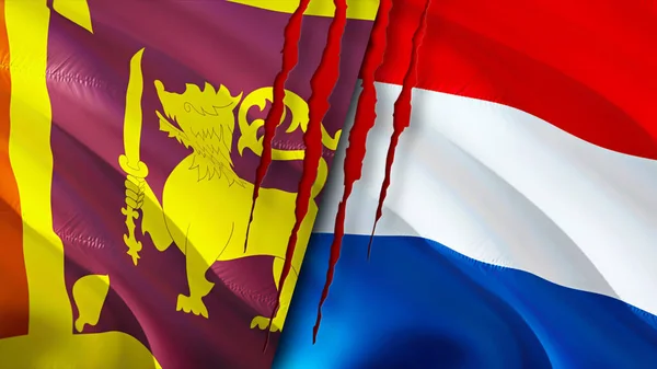 Sri Lanka and Netherlands flags with scar concept. Waving flag,3D rendering. Sri Lanka and Netherlands conflict concept. Sri Lanka Netherlands relations concept. flag of Sri Lanka and Netherland