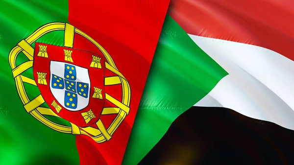 ポルトガルとスーダンの国旗 3D波動旗のデザイン ポルトガルスーダン国旗 ポルトガル対スーダンの画像 3Dレンダリング ポルトガルスーダン関係と貿易 観光コンプ — ストック写真