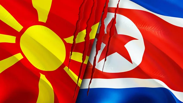 North Macedonia and North Korea flags with scar concept. Waving flag,3D rendering. North Macedonia and North Korea conflict concept. North Macedonia North Korea relations concept. flag of Nort