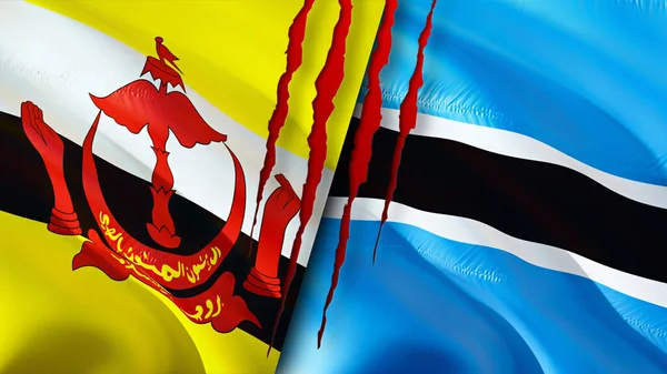 文莱和博茨瓦纳的国旗上有疤痕概念 飘扬的旗帜 3D渲染 文莱和博茨瓦纳冲突概念 博茨瓦纳关系概念 文莱和博茨瓦纳的危机 — 图库照片