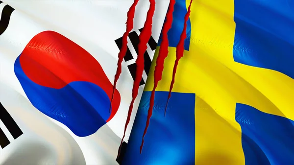 South Korea Sweden Flags Scar Concept Waving Flag Rendering South — Stock Photo, Image