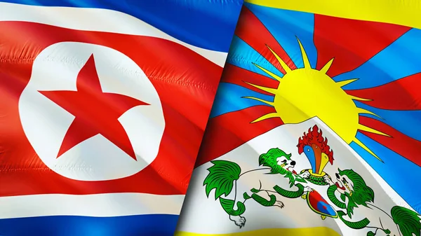 North Korea and Tibet flags. 3D Waving flag design. North Korea Tibet flag, picture, wallpaper. North Korea vs Tibet image,3D rendering. North Korea Tibet relations alliance and Trade,travel,touris
