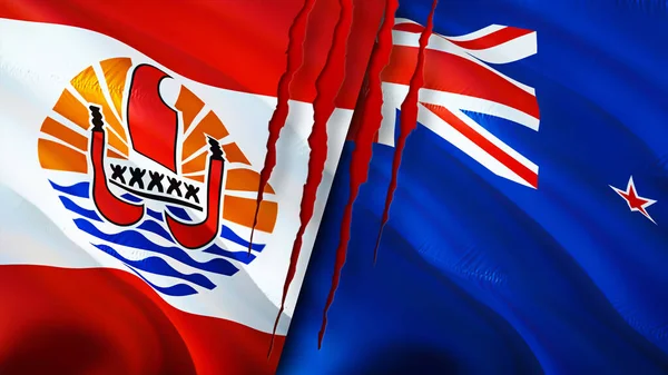 French Polynesia New Zealand Flags Scar Concept Waving Flag Rendering — Stock Photo, Image