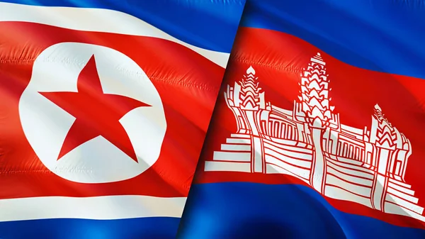 North Korea and Cambodia flags. 3D Waving flag design. North Korea Cambodia flag, picture, wallpaper. North Korea vs Cambodia image,3D rendering. North Korea Cambodia relations alliance an