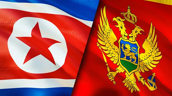 North Korea and Montenegro flags. 3D Waving flag design. North Korea Montenegro flag, picture, wallpaper. North Korea vs Montenegro image,3D rendering. North Korea Montenegro relations alliance an