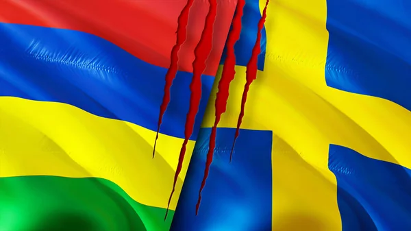 Mauritius and Sweden flags with scar concept. Waving flag,3D rendering. Mauritius and Sweden conflict concept. Mauritius Sweden relations concept. flag of Mauritius and Sweden crisis,war, attac