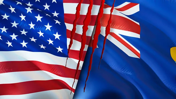 USA and Saint Helena flags with scar concept. Waving flag,3D rendering. USA and Saint Helena conflict concept. USA Saint Helena relations concept. flag of USA and Saint Helena crisis,war, attac