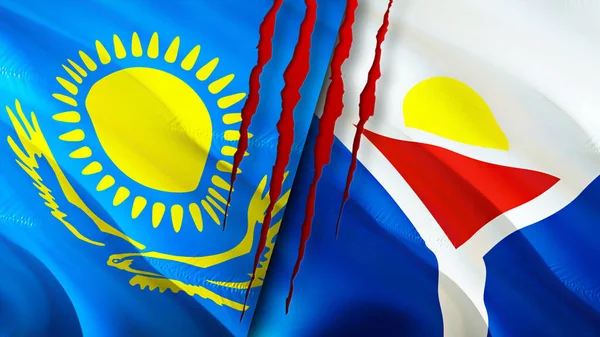 Kazakhstan and Saint Martin flags with scar concept. Waving flag,3D rendering. Kazakhstan and Saint Martin conflict concept. Kazakhstan Saint Martin relations concept. flag of Kazakhstan and Sain