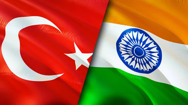 Turkey and India flags. 3D Waving flag design. Turkey India flag, picture, wallpaper. Turkey vs India image,3D rendering. Turkey India relations alliance and Trade,travel,tourism concep