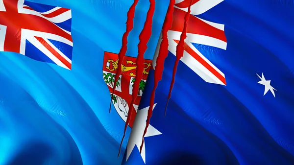 Fiji and Australia flags with scar concept. Waving flag,3D rendering. Fiji and Australia conflict concept. Fiji Australia relations concept. flag of Fiji and Australia crisis,war, attack concep