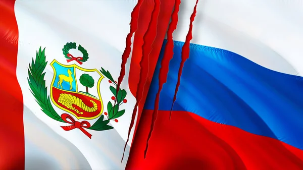 Peru and Russia flags with scar concept. Waving flag,3D rendering. Peru and Russia conflict concept. Peru Russia relations concept. flag of Peru and Russia crisis,war, attack concep