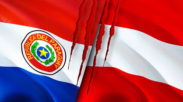 Paraguay and Austria flags with scar concept. Waving flag,3D rendering. Paraguay and Austria conflict concept. Paraguay Austria relations concept. flag of Paraguay and Austria crisis,war, attac
