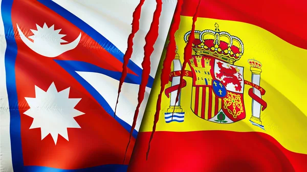 Nepal and Spain flags with scar concept. Waving flag,3D rendering. Nepal and Spain conflict concept. Nepal Spain relations concept. flag of Nepal and Spain crisis,war, attack concep