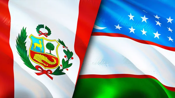 秘鲁和乌兹别克斯坦的国旗 3D波浪旗帜设计 秘鲁国旗 秘鲁对乌兹别克斯坦的图像 3D渲染 乌兹别克斯坦关系联盟与贸易 — 图库照片