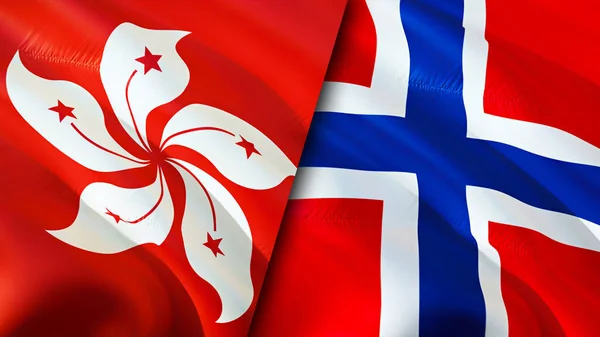 Hong Kong and Norway flags. 3D Waving flag design. Hong Kong Norway flag, picture, wallpaper. Hong Kong vs Norway image,3D rendering. Hong Kong Norway relations alliance and Trade,travel,touris
