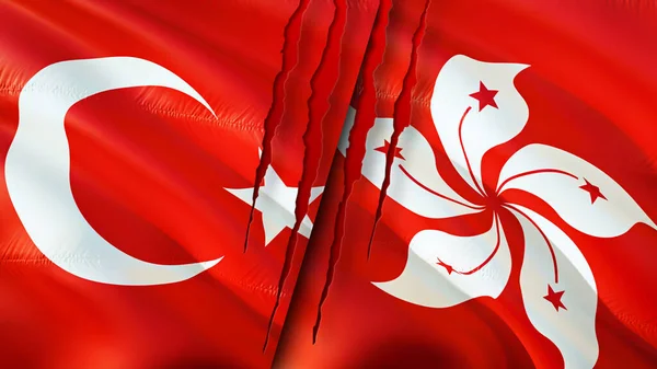 Turkey and Hong Kong flags with scar concept. Waving flag,3D rendering. Turkey and Hong Kong conflict concept. Turkey Hong Kong relations concept. flag of Turkey and Hong Kong crisis,war, attac