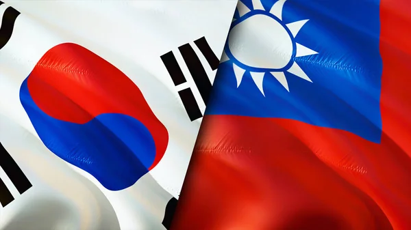 South Korea and Taiwan flags. 3D Waving flag design. South Korea Taiwan flag, picture, wallpaper. South Korea vs Taiwan image,3D rendering. South Korea Taiwan relations alliance an