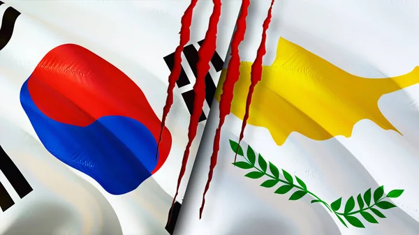 South Korea and Cyprus flags with scar concept. Waving flag,3D rendering. South Korea and Cyprus conflict concept. South Korea Cyprus relations concept. flag of South Korea and Cyprus crisis,war