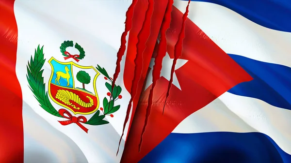 Peru and Cuba flags with scar concept. Waving flag,3D rendering. Peru and Cuba conflict concept. Peru Cuba relations concept. flag of Peru and Cuba crisis,war, attack concep