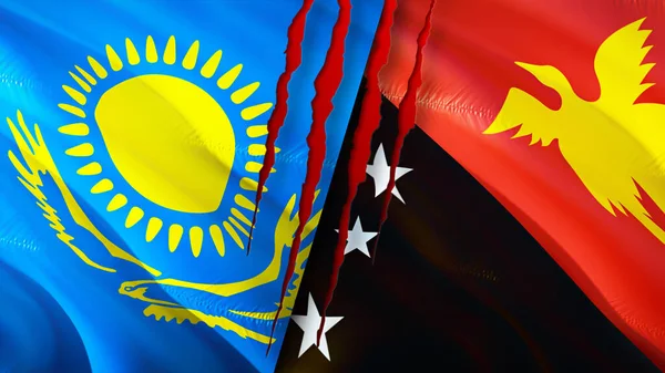 Kazakhstan and Papua New Guinea flags with scar concept. Waving flag,3D rendering. Kazakhstan and Papua New Guinea conflict concept. Kazakhstan Papua New Guinea relations concept. flag of Kazakhsta