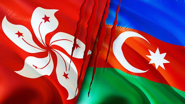 Hong Kong and Azerbaijan flags with scar concept. Waving flag,3D rendering. Hong Kong and Azerbaijan conflict concept. Hong Kong Azerbaijan relations concept. flag of Hong Kong and Azerbaija