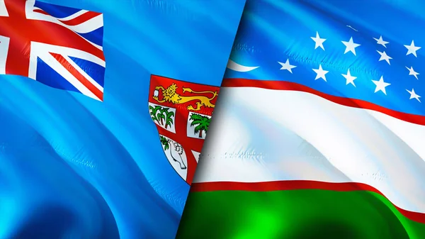 斐济和乌兹别克斯坦的国旗 3D波浪旗帜设计 斐济乌兹别克斯坦国旗 斐济对乌兹别克斯坦的图像 3D渲染 斐济乌兹别克斯坦关系联盟与贸易 — 图库照片