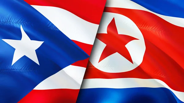 Puerto Rico and North Korea flags. 3D Waving flag design. Puerto Rico North Korea flag, picture, wallpaper. Puerto Rico vs North Korea image,3D rendering. Puerto Rico North Korea relations allianc