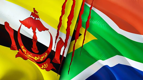 Brunei and South Africa flags with scar concept. Waving flag,3D rendering. Brunei and South Africa conflict concept. Brunei South Africa relations concept. flag of Brunei and South Afric