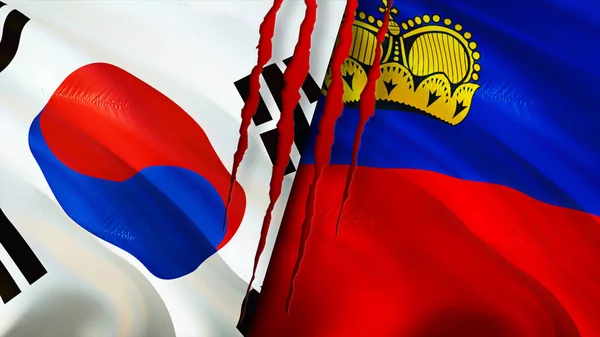 Bandiere Corea Del Sud Liechtenstein Con Concetto Cicatrice Bandiera Sventolante — Foto Stock