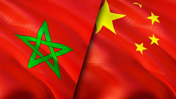 Morocco and China flags. 3D Waving flag design. Morocco China flag, picture, wallpaper. Morocco vs China image,3D rendering. Morocco China relations alliance and Trade,travel,tourism concep