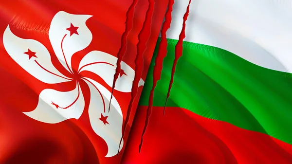 Hong Kong and Bulgaria flags with scar concept. Waving flag,3D rendering. Hong Kong and Bulgaria conflict concept. Hong Kong Bulgaria relations concept. flag of Hong Kong and Bulgaria crisis,war